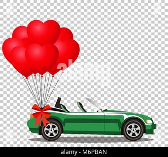 Grüne Moderne geöffnet Cartoon cabrio Auto mit Strauß roter Helium Luftballons in Herzform mit festlichen Band auf transparenten Hintergrund isoliert. Nur Stock Vektor