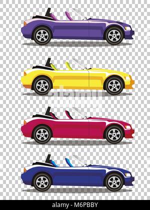 Moderne cartoon farbige Cabrio Autos auf transparentem Hintergrund isoliert. Sportwagen. Blau, gelb, rot und violett Autos. Vector Illustration. Stock Vektor