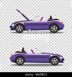 Kabelbruch im violett Cabrio sport cartoon Auto mit geöffneter Motorhaube mit Rauch bedeckt. Auto Crash vor und nach. Vector Illustration isoliert auf transparen Stock Vektor