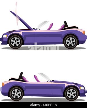 Gebrochene lila Cabrio sport cartoon Auto mit geöffneter Motorhaube mit Rauch bedeckt. Auto Crash vor und nach. Vector Illustration auf weißen Hinterg isoliert Stock Vektor