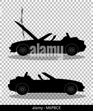 Schwarze Silhouette der gebrochenen Cabrio sport cartoon Auto mit geöffneter Motorhaube mit Rauch bedeckt. Auto Crash vor und nach. Vector Illustration, Zeichen, Sy Stock Vektor