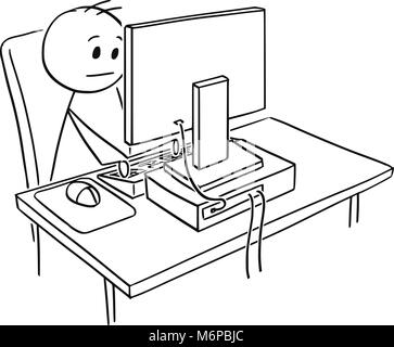 Cartoon von Mann oder Geschäftsmanns, der auf dem Desktop Computer Stock Vektor