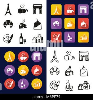 Paris in einem Symbole Schwarzweiß Farbe flaches Design Freehand eingestellt Stock Vektor