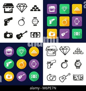 Pawn Shop All in One Symbole Schwarzweiß Farbe flaches Design Freehand eingestellt Stock Vektor