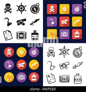 Piraten in einem Symbole Schwarzweiß Farbe flaches Design Freehand eingestellt Stock Vektor