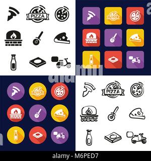 Pizza in einem Symbole Schwarzweiß Farbe flaches Design Freehand eingestellt Stock Vektor