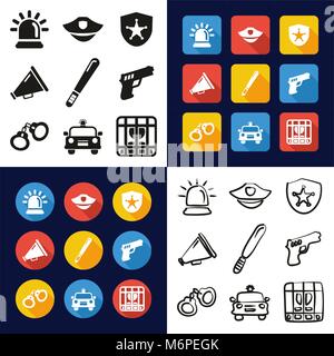 Die Polizei Alle in einem Symbole Schwarzweiß Farbe flaches Design Freehand eingestellt Stock Vektor