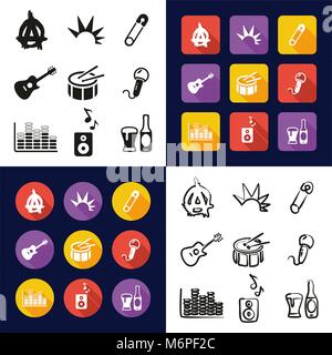 Punk All in One Symbole Schwarzweiß Farbe flaches Design Freehand eingestellt Stock Vektor