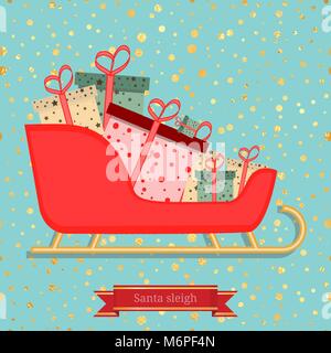 Luxus nahtlose Muster mit gold Schneeflocken und Santa sleigh mit Stapel von präsentiert. Vector Illustration Stock Vektor