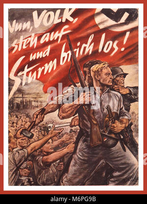 Vintage Nazi German WW2 Propaganda Poster zitieren NS-Minister Joseph Goebbels historischen 'totalen Krieg' Rede' Nation entstehen und lassen Sie der Sturm bricht los!" NS-Hakenkreuz Flagge Berlin Deutschland 1943 Weltkrieg II. Stockfoto