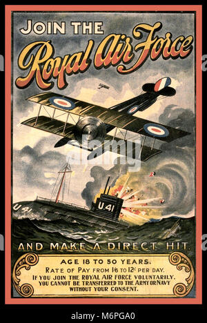 WWI REKRUTIERUNG RAF VINTAGE UK POSTER der britischen Royal Air Force Poster verwendet für die Rekrutierung von der Royal Air Force während des Zweiten Weltkriegs ausgestellt I, 1914-1918. Es wurde produziert Männer von 18-50 Jahren zu Fragen der Royal Air Force beitreten und direkten Treffer. Dargestellt ist eine 'direct hit' auf einem deutschen U-Boot U41 Stockfoto