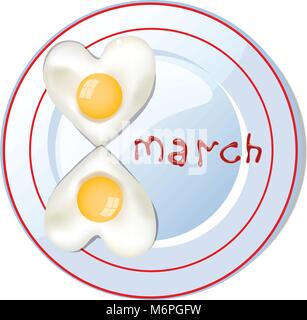 Der glückliche Frauen tag Vektor-illustration, clip art mit der Nummer acht geformte Herzen Omelett auf Platte mit Ketchup Schrift auf weißem Hintergrund. Stock Vektor