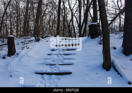 Ein Tag in den verschneiten Landschaften des Parks verbracht und Trails an einem kalten Wintertag im Februar. Stockfoto