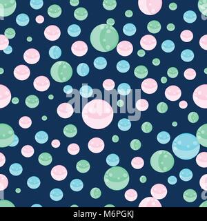 Cute nahtlose Muster mit fliegenden bunten Blasen- oder 3d-Kugeln auf Indigo blauen Hintergrund. Vector Wallpaper, Illustration, Poster, Banner, templat Stock Vektor