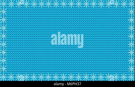 Winter gestrickt Vorlage mit hellblauem Stoff Hintergrund mit weißen Schneeflocken eingerahmt. Vector Illustration, Banner, Poster mit Platz für Text. Stock Vektor