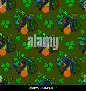 Saint Patrick's Day nahtlose Hintergrund, bunte Urlaub Muster mit paisley und Klee, Blumen- und ethnischen Thema Stockfoto