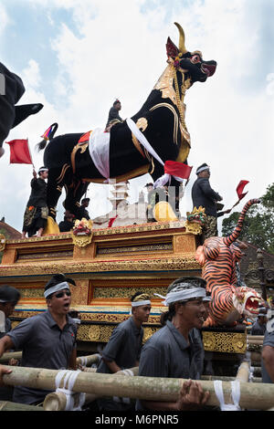 Balinesische Männer tragen die schwere schwarze Sarkophag Stier durch die Straßen von Ubud, Bali für die einäscherung Zeremonie der Königin Niang Agung Stockfoto