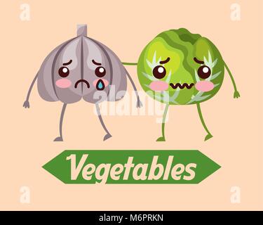 Gemüse kawaii Knoblauch und Salat cartoon Vector Illustration Stock Vektor