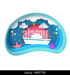 Schiff Abbildung. Cartoon Papier Landschaft. Stock Vektor
