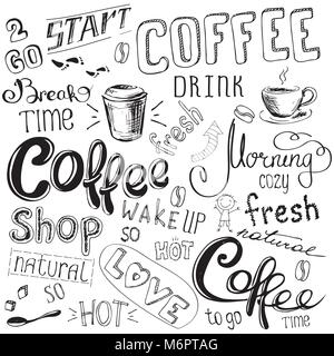 Kaffee doodle Hintergrund, Hand auf weißem Hintergrund dargestellt, Vektor Illustration. Stock Vektor