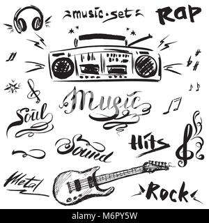 Hand gezeichnete Skizze mit Noten, Musik Player, Gitarre und Musik Stile Schriftzug Zeichen, Vektor, Abbildung Stock Vektor