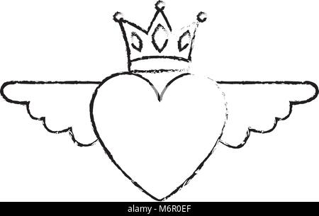 Herz in Liebe mit Flügeln Krone dekoration Vektor-illustration Skizze design Stock Vektor