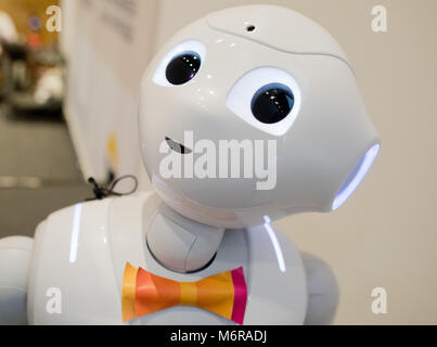 Hannover, Deutschland, 06. März 2018. Der Roboter Pfeffer während der Messe Altenpflege 2018 ('Altenpflege 2018') in Hannover, Deutschland, 06. März 2018. Er ist 1,20 Meter groß, zählt mit runden Augen und freundlich Ansätze Menschen während der Bewegung auf Rädern. Pfeffer könnte bald in der Altenpflege In deutschen Pflegeheimen eingesetzt und verwendet werden, um die Bewohner mit Musik und Pantomime sowie zu unterhalten, Sie einzuladen Bewegung übungen zu tun. Quelle: dpa Picture alliance/Alamy leben Nachrichten Stockfoto