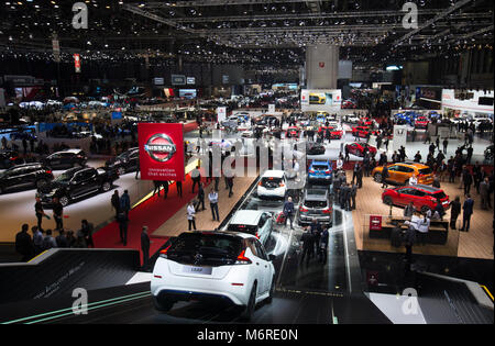 Genf. 6 Mär, 2018. Foto am 6. März 2018 zeigt eine Gesamtansicht des 88. internationalen Automobilsalon in Genf während der ersten Pressetag in Genf, Schweiz. Der Motor Show, die mehr als 180 Aussteller aus der ganzen Welt anzieht, wird für die Öffentlichkeit vom 8. bis 18. März 2018 geöffnet. Credit: Xu Jinquan/Xinhua/Alamy leben Nachrichten Stockfoto