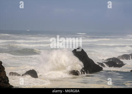 Seal Rock, Oregon. Seal Rock State Park. Seal Rock State Recreation Site. Wellen gegen die Felsen am Seal Rock Beach. Stockfoto