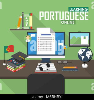 Flaches Design Illustration Konzept der portugiesischen Sprache online lernen, Distanz- und Online-Schulungen. Portugiesisch online. Stockfoto