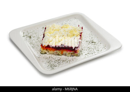 Layout für Menüs. Salat mit Heringen, Rote Beete, gekochte Kartoffeln und Karotten. Stockfoto