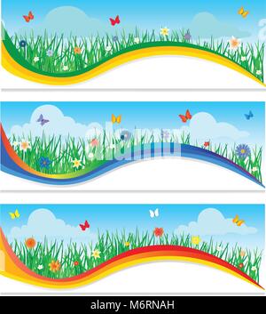 Banner mit bunten Blumen in der jungen grünen Gras. Stock Vektor