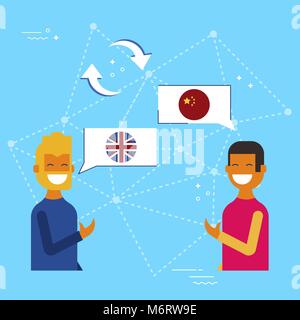 Kommunikation Übersetzung Konzeption Illustration, modernen Stil. Freunde in on-line-Gespräch auf Chinesisch ins Englische Sprache. EPS 10 Vektor Stock Vektor
