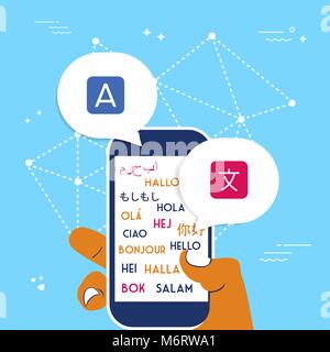 International Translation Kommunikation Konzept Abbildung. Person Hand Phone für die Übersetzung von App. EPS 10 Vektor. Stock Vektor