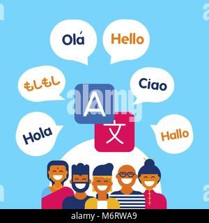 Von den unterschiedlichen ethnischen Gruppe von Freunden sprechen in verschiedenen Sprachen auf Translation Service App. Moderne Kunst Konzept Abbildung. EPS 10 Vektor. Stock Vektor