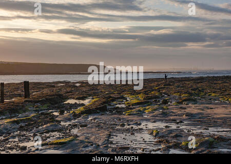 Ein Fotograf auf die Felsen am St Mary's Island Fotos der Leuchtturm, abends, Whitley Bay, Großbritannien Stockfoto