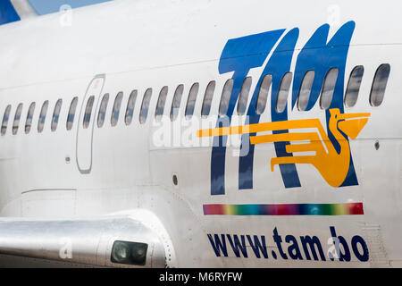 Detail der Seitenscheiben von Boeing 737-200/737-2 Q 3 Mit Anmeldung FAB-113 von 737-2 Q3 Transporte Aereo Militar de Bolivien Stockfoto