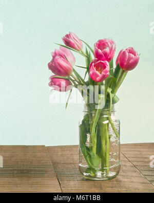 Rosa Tulpen in einer klaren Mason jar Vase Stockfoto