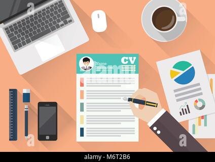 Hand schreiben Lebenslauf Anwendung Blatt Papier. Flat Style Vector Illustration Stock Vektor