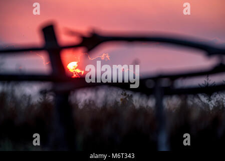 Ländliche Sonnenuntergang hinter Holzzaun Stockfoto