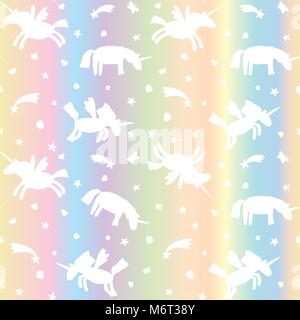 Vector Abbildung: nahtlose Muster aus weißen Einhörner Silhouette auf Pastell Farbverlauf Hintergrund. Cartoon Pegasus Hintergrund Stock Vektor