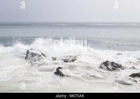 Das Sea Shore ist das eis-kalte und verschneite Küste und starke Wellen, Spritzer in den Himmel. Fernost Meer Landschaft von Russland Stockfoto