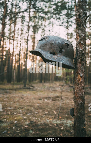 Durch Kugeln und Granatsplittern Metal Helm der Deutschen Infanterie Soldat der Wehrmacht im Zweiten Weltkrieg beschädigt Rusty Helm Hängen am Baum. Stockfoto