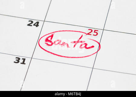 Blatt Wandkalender mit roter Markierung am 25. Dezember, zu Weihnachten, schriftliche Santa. Stockfoto