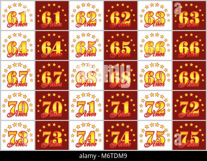 Satz von Gold Zahlen von 61 bis 75 und das Wort des Jahres mit einem Kreis von Sternen verziert. Vector Illustration. Von Spanisch - Jahre übersetzt Stock Vektor