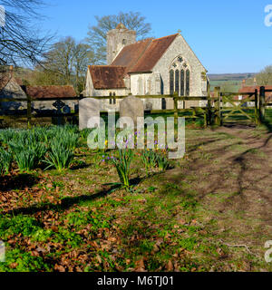 Der frühe Frühling Morgen Licht auf St. Michael's Kirche in Chalton auf der South Downs in Hampshire, Großbritannien Stockfoto