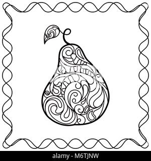 Handzeichnung Birne mit dekorativen ornamentale Muster in Doodle style gefüllt. Kontur schwarz und weiß Abbildung auf weißem Hintergrund Stock Vektor