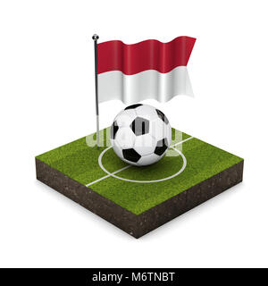 Indonesien Flagge Fußball-Konzept. Flagge, Kugel und Fußballplatz isometrische Symbol. 3D-Rendering Stockfoto