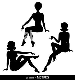 Silhouetten der schönen Pin Up Girls im Stil der 1950er Jahre Stock Vektor