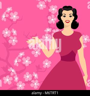 Karte mit Pin-up-Girl und stilisierte Cherry Blossom Stock Vektor